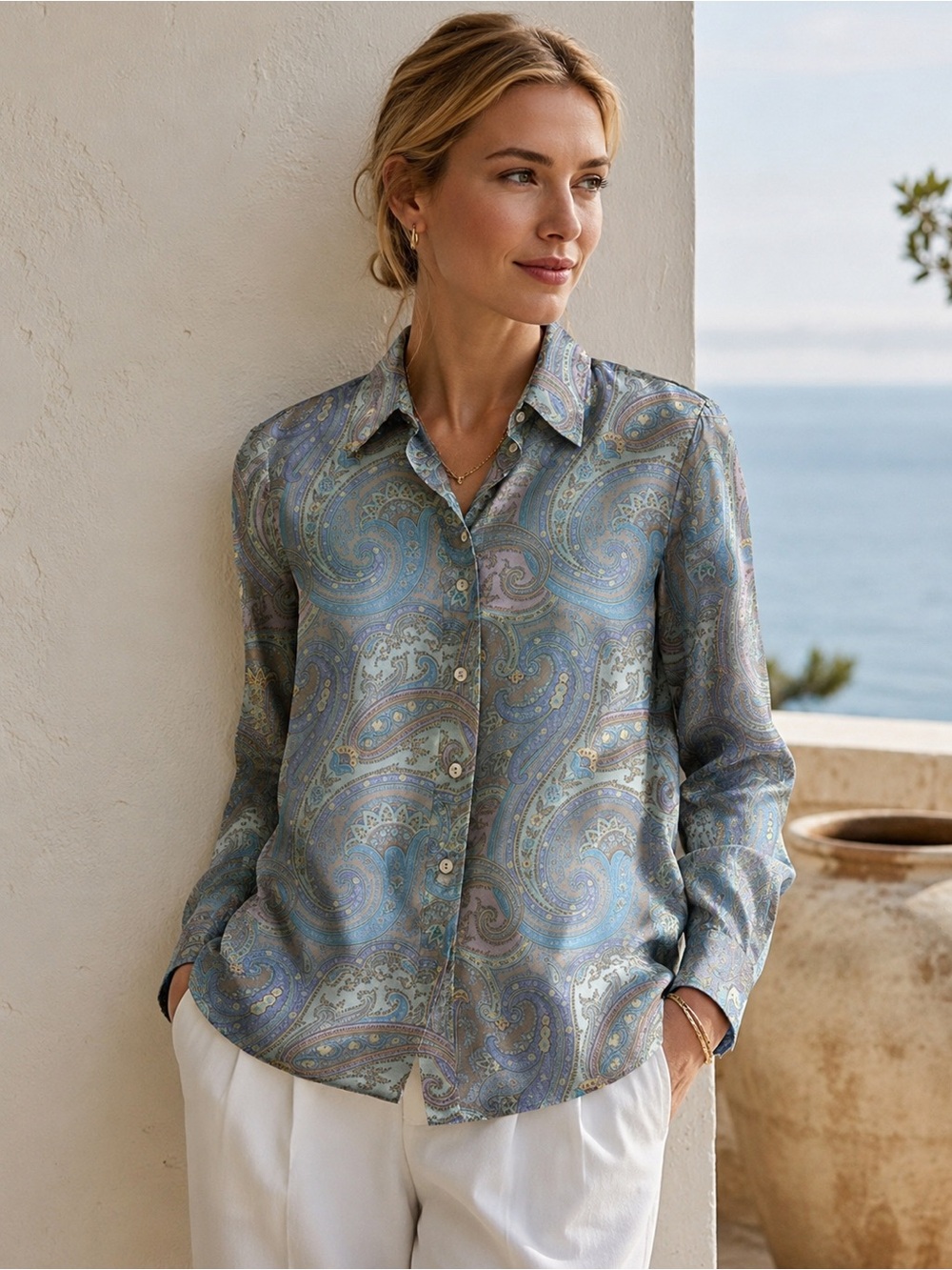 Lafayette 148 New York 100% Silk Light Blue & Sea Foam Paisley Button-Down Shirt